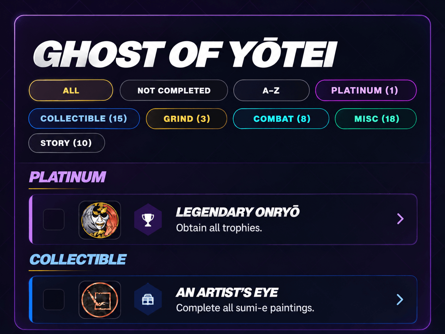 Ghost of Yōtei Gami trophy guide showing filter pills, Platinum trophy details, and Collectible trophy details